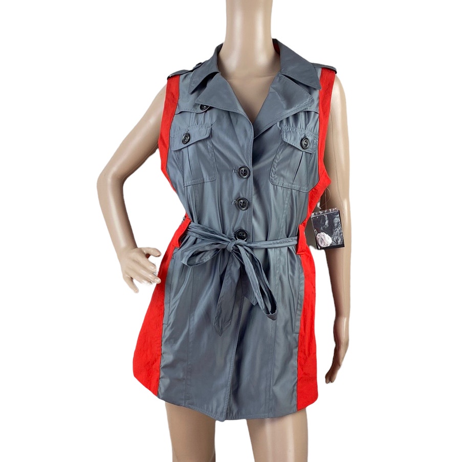 New Get Women Colorblock Gray Red Sleeveless Asymmetric Hem Vest Jacket M
